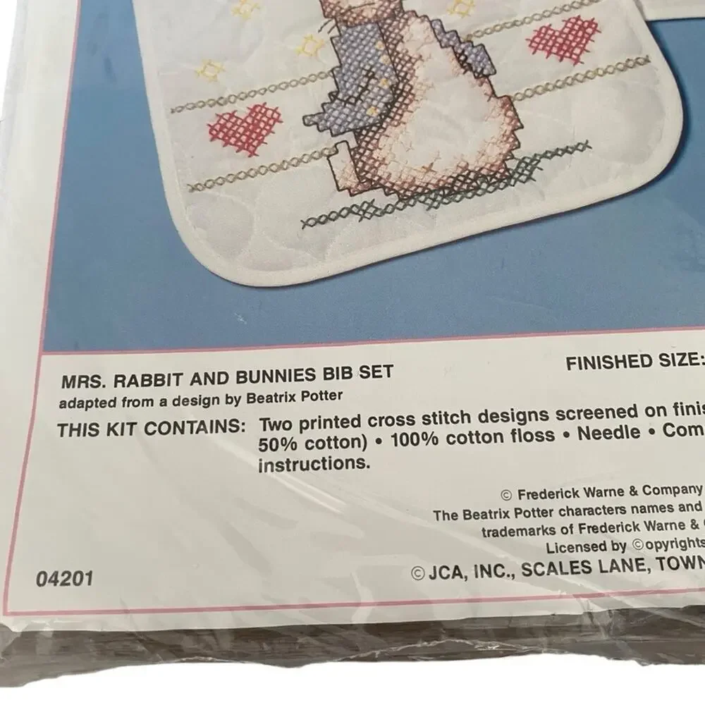 Beatrix Potter JCA Stamped Cross Stitch Bib Kit Mrs. Rabbit Bunnies